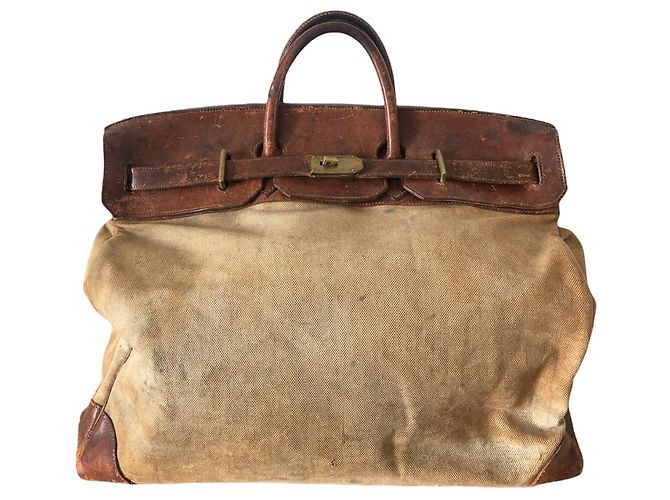 Haut à courroies Bolsa Hermès HAC 50 Em lona e couro marrom Bege