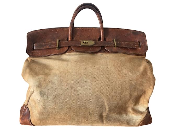 Haut à courroies Hermès HAC bag 50 In canvas and brown leather Beige Cloth  ref.361078 - Joli Closet
