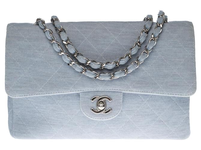 Lovely Chanel Timeless bag in sky blue quilted jersey, Garniture en métal argenté Light blue Cotton  ref.362698