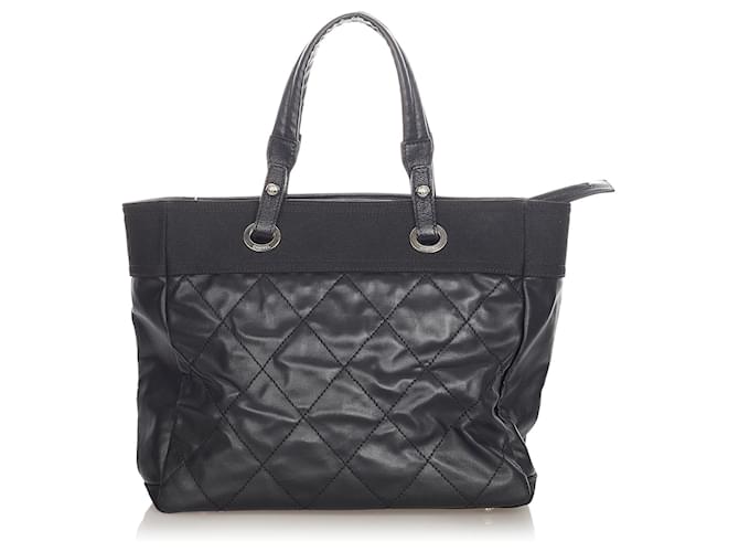 Chanel Black Paris Biarritz Tote Bag Leather Cloth Pony-style calfskin Cloth  ref.363006