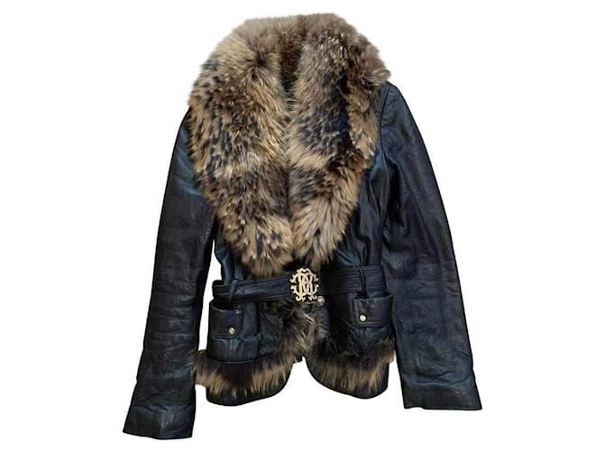 Roberto Cavalli Leather jacket with fox fur collar Black  ref.363735