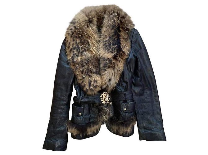 Roberto Cavalli Leather jacket with fox fur collar Black