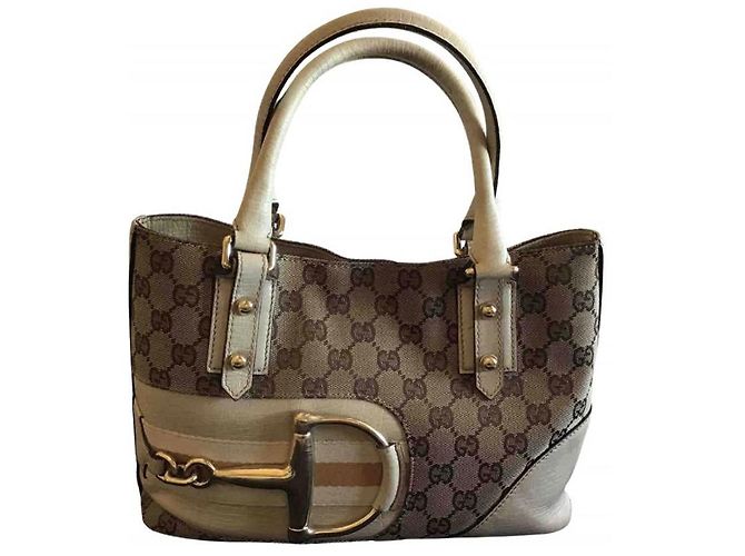 Bolsa Gucci bege de couro e tecido com metal dourado