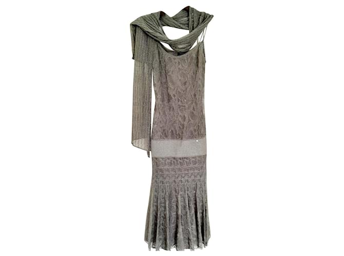 Evening dress + Chanel scarf Silvery Grey Bronze Silk Polyester Viscose  ref.364429