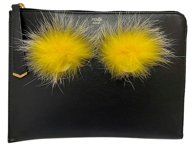 Fendi Black Monster Leather Clutch Bag Yellow Fur Pony-style calfskin  ref.364443