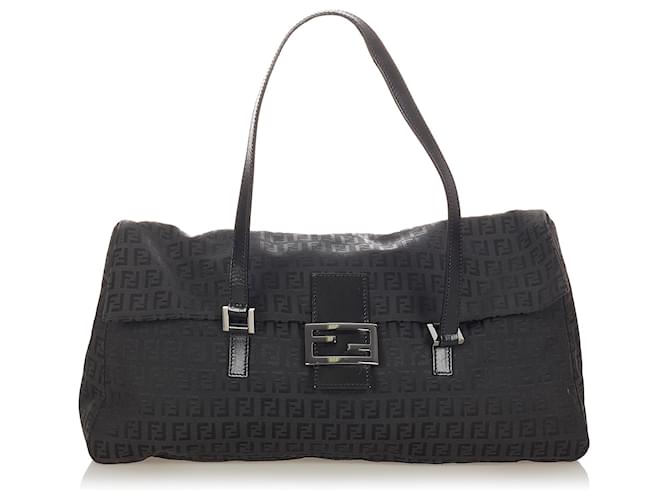 Fendi Black Zucchino Canvas Shoulder Bag Leather Cloth Pony-style calfskin Cloth  ref.364575