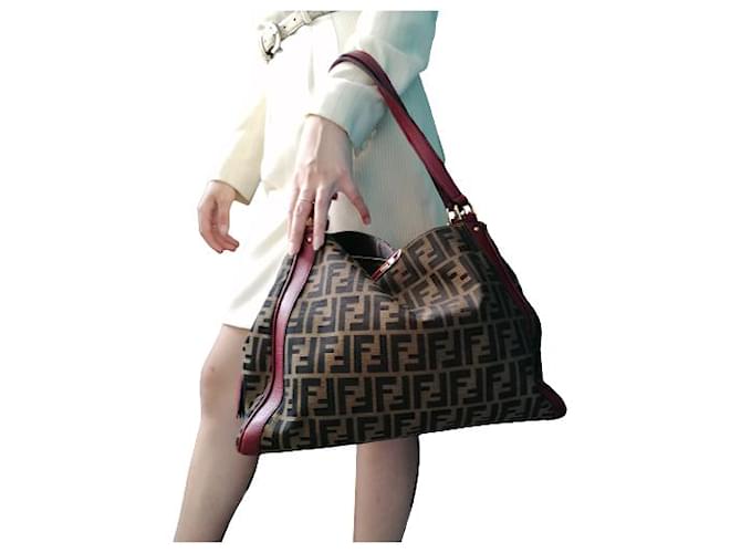 FENDI by Karl Lagerfeld Tobacco Zucca Print Canvas Medium  Bag 8BR717 Multiple colors Leather  ref.365516