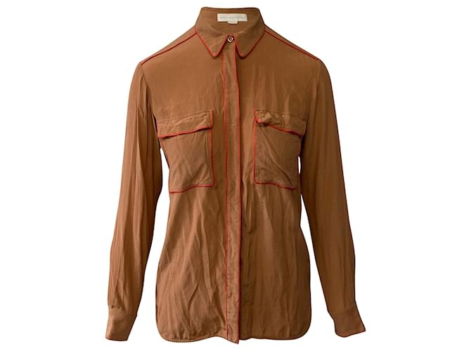 Stella Mc Cartney Stella McCartney camisa marrón de seda con ribetes en contraste Castaño  ref.366679