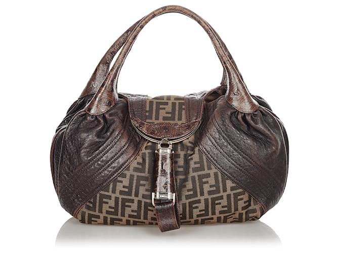 Fendi Brown Zucca Spy Canvas Handbag Dark brown Leather Cloth Pony-style calfskin Cloth  ref.366975