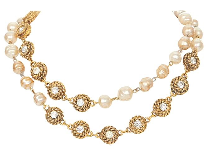 Chanel Gold CC Faux Pearl Necklace Brown Beige Golden Metal  ref.366979