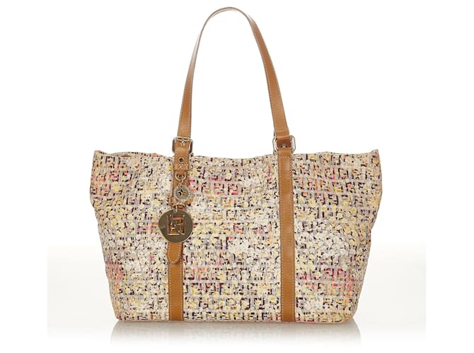 Fendi Brown Zucchino Canvas Tote Bag Multiple colors Beige Leather Cloth Pony-style calfskin Cloth  ref.366986