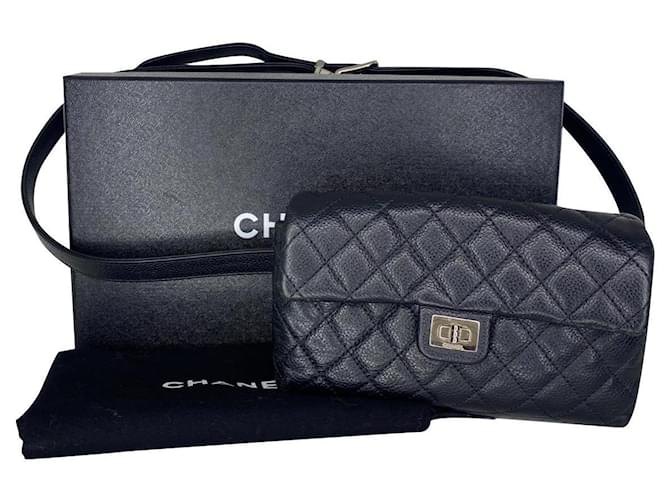 Cinturón bolso Chanel 2.55 , cuero granulado negro  ref.396703