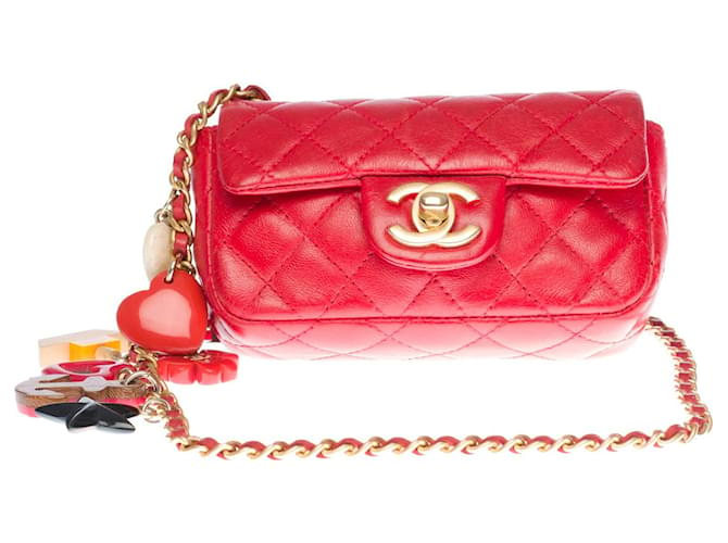 Splendid and highly sought after Chanel Valentine Mini Charms Flap bag in  red quilted leather