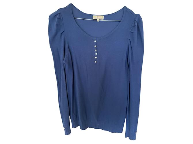 Autre Marque Blauer Wollpullover mit Perlmuttknöpfen 