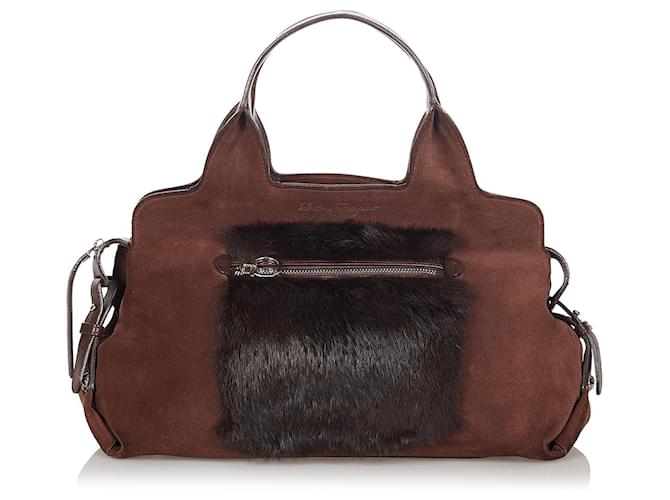 Salvatore Ferragamo Ferragamo Gancini Suede Handbag Brown Exotic leather  ref.367763