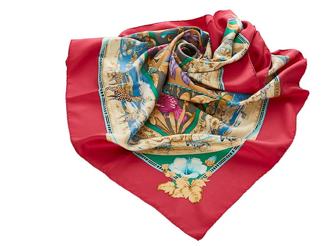 Hermès Foulard Hermes Rouge Tropiques En Soie Tissu  ref.367890