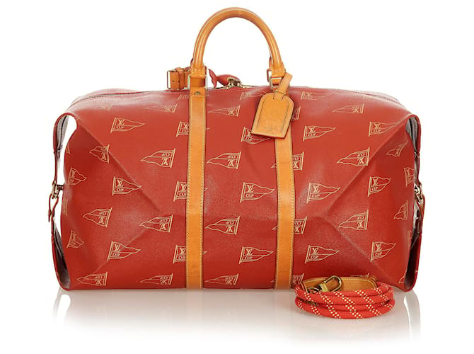 Louis Vuitton Red 1995 LV Cup Travel Bag Brown Leather Cloth Pony-style calfskin Cloth  ref.367916