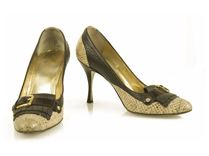 Dolce & Gabbana Dark Brown Leather Snakeskin Pumps Round Toe Heel sz 37,5 shoes Beige  ref.367969