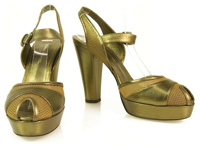 Auténticas sandalias de tacón peep toe de bronce dorado con paneles de malla de Sonia Rykiel - Sz37.5 Gold hardware Cuero  ref.368095