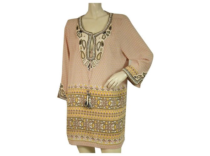 Calypso St Barth Calypso St-Barth Abito copricostume caftano tunica di seta floreale rosa marrone con perline L