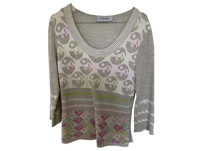 Autre Marque Grauer Kaschmirpullover mit weitem Halsausschnitt 