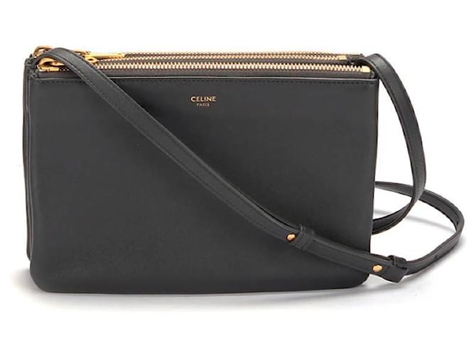 Céline Sac bandoulière Celine Trio Leather en cuir de veau noir  ref.368540