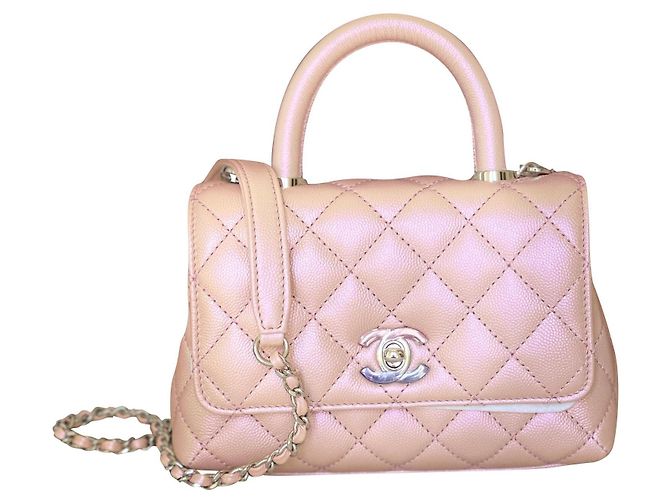 Chanel Corrente de prata para caviar rosa claro iridescente com alça mini Coco