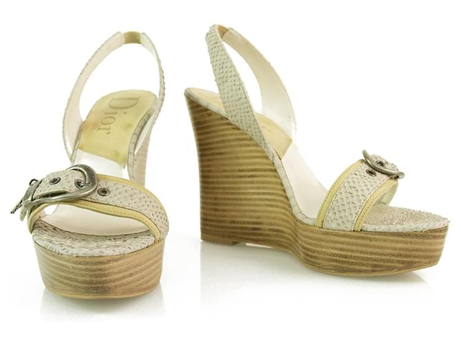 Christian Dior Off White Snake Leather Wooden Wedge Sandale Schuhe Slingback 37.5 Weiß Exotisches Leder  ref.369665