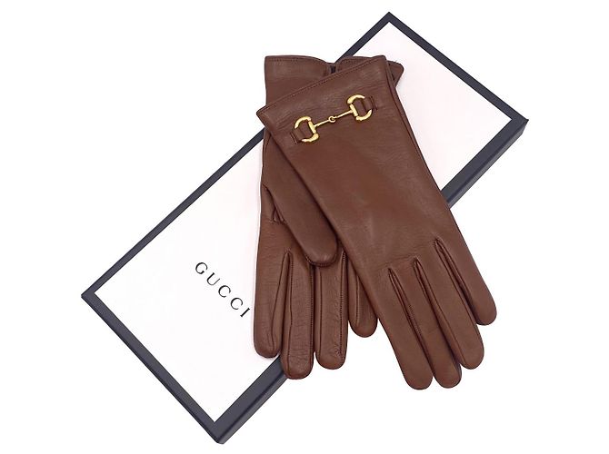 Luvas Gucci tamanho de grampo de couro marrom 7,5