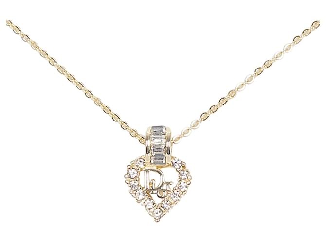 Dior Gold Rhinestone Heart Pendant Necklace Golden Metal  ref.370015