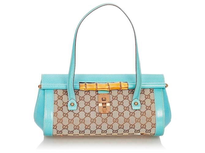 Gucci Brown GG Canvas Bamboo Bullet Shoulder Bag Blue Beige Light blue Leather Cloth Pony-style calfskin Cloth  ref.370021