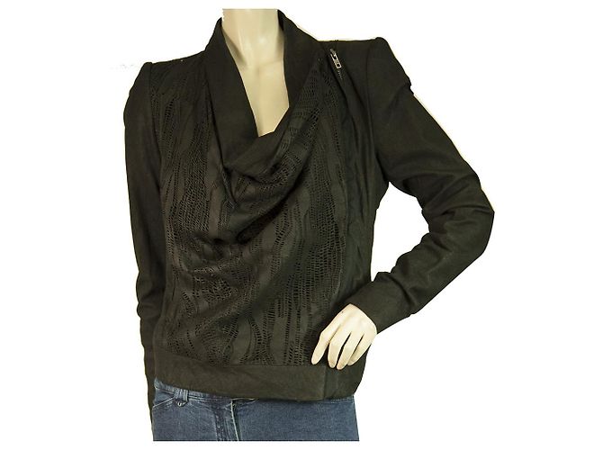 Chaqueta Helmut Lang Piel Perforada Negro Cremallera Lateral Cuello Capucha Talla S