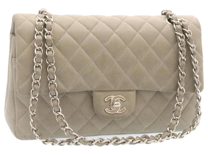 CHANEL Matelasse Bolso de hombro con solapa de cadena y forro Piel de caviar Gris CC Auth 24550 Blanco Lienzo  ref.370662