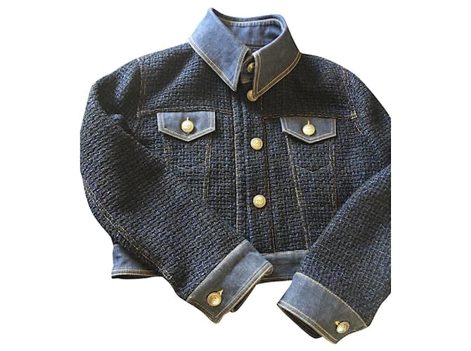 Chanel giacca di tweed e denim Blu navy Joli Closet