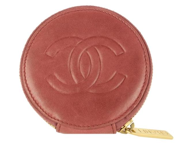 Autre Marque Sac à main à fermeture éclair Chanel en cuir rose foncé Camellia CC Logo Round Coin Pouch  ref.371236