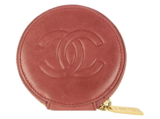 Autre Marque Chanel Dark Pink Leather Camellia CC Logo Round Coin Pouch Zip Purse  ref.371236