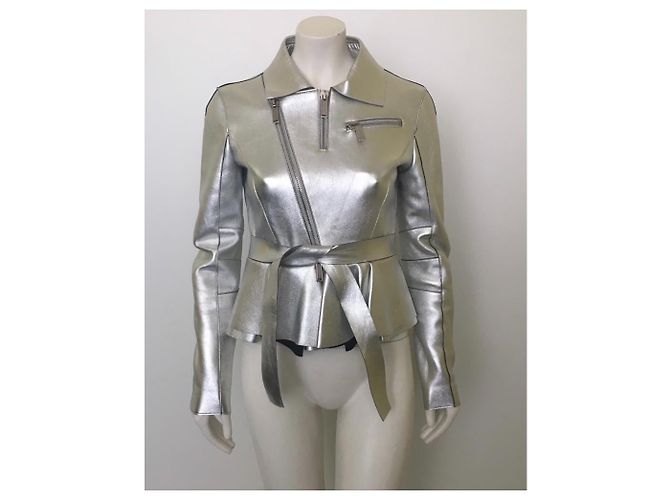 Dsquared2 Godet Hem Belted Leather Biker Jacket Silver Metallic