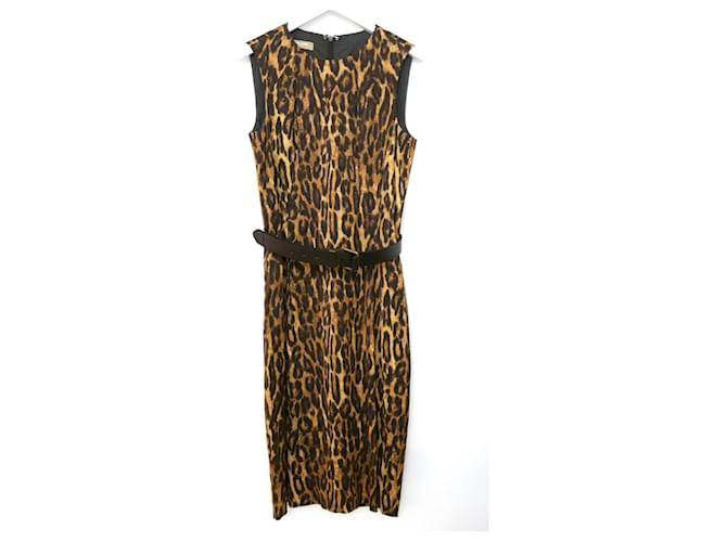 Michael Kors Leopard Print Belted Dress Brown Synthetic  ref.371852
