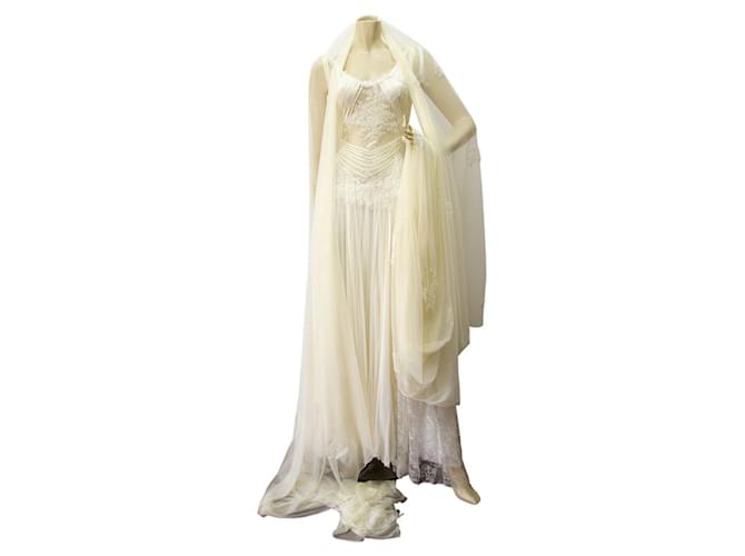 Autre Marque Auth Atelier Loukia Silk & Lace Bridal Gown with Swarovski, Veil & Satin Pet. S White Tulle  ref.371861