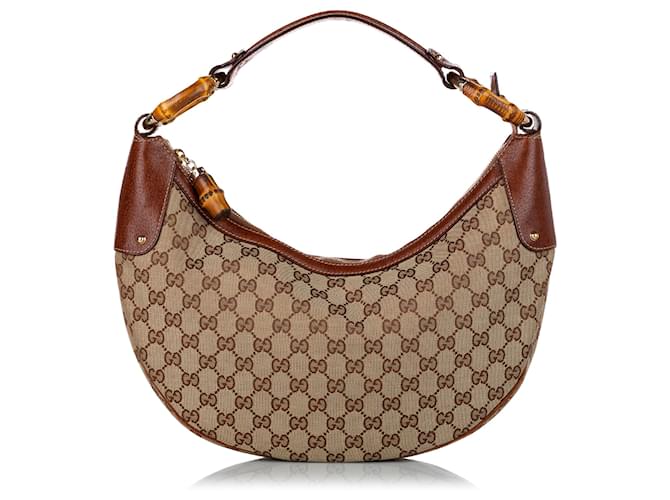 GUCCI Brown Monogram Canvas Tote Hobo Vintage Bag Bamboo Handle