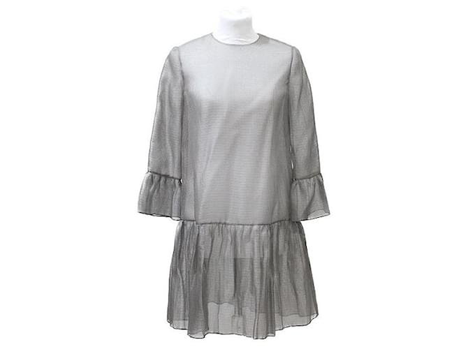 Christian Dior DIOR TULLE-EFFECT SILK DRESS IN HOUNDSTOOTH WEFT NAVY GRAY ECRU Grey Cream  ref.373464