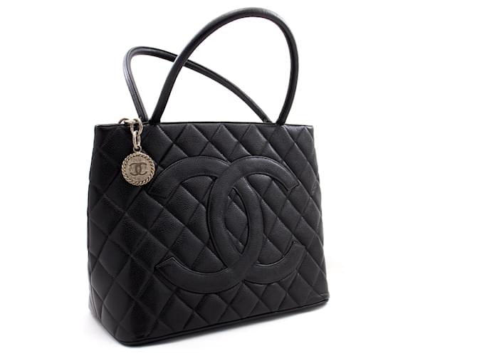 CHANEL Silver Medallion Caviar Shoulder Bag Shopping Tote Black Leather  ref.375108