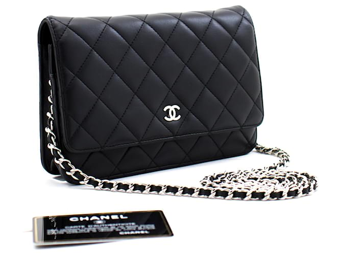 Wallet On Chain CHANEL Cartera clásica negra con cadena Bolso de hombro WOC Crossbody Negro Cuero  ref.375116