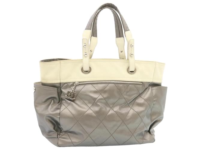 CHANEL Paris Biarritz Tote Bag Coated Canvas Silver CC Auth se170 Silvery Cloth  ref.375410