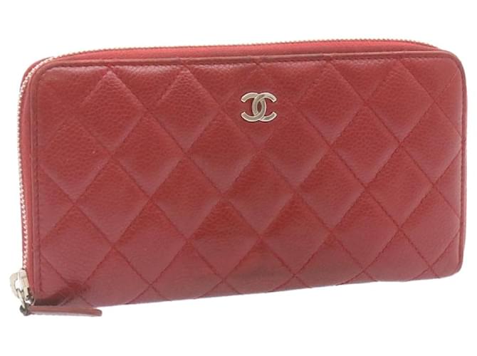 CHANEL Matelasse Caviar Skin Around Zip Long Wallet Leather Red CC Auth jk287  ref.375537
