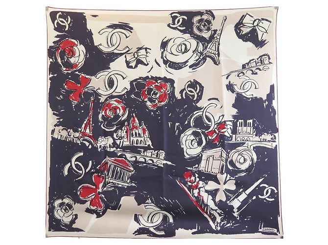 SCIARPA CHANEL LOGO CC CAMELIA CARRE 90 SCIARPA BLU IN SETA MONUMENTI DI PARIGI Blu navy