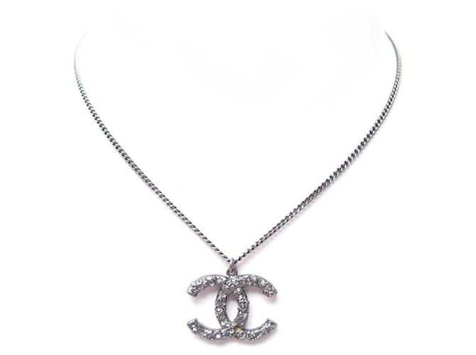 CHANEL LOGO CC NECKLACE AGED METAL & SILVER STRASS 42 to 60 CM