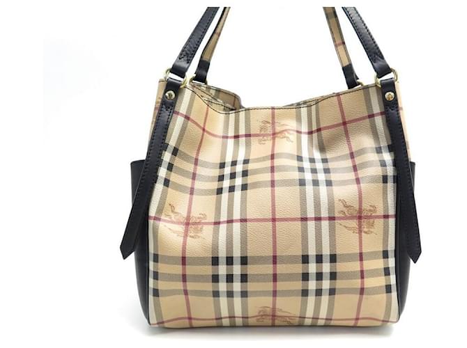 BURBERRY TOTE BAG IN TARTAN CANVAS BEIGE BLACK LEATHER CANVAS HAND BAG  ref.375931
