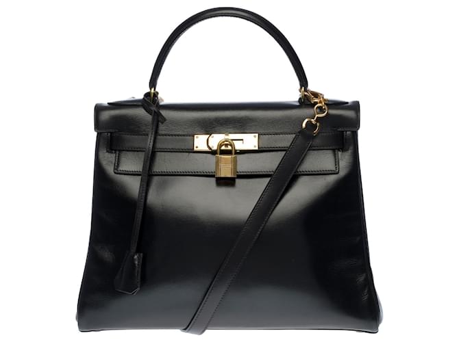 Hermès Espléndido bolso Hermes Kelly 28 De vuelta en cuero de caja negra, adornos de metal chapado en oro Negro  ref.376257