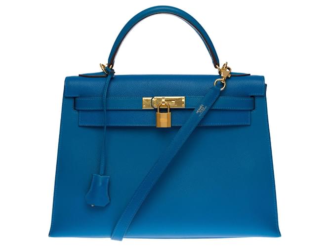 Hermès Splendide sac à main Hermes Kelly sellier 32cm en cuir epsom bleu turquoise, garniture en métal plaqué or  ref.376259